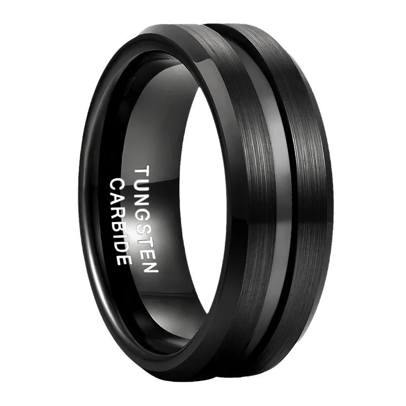 POYA 6mm 8mm Grooved Beveled Edges Black Brushed Tungsten Carbide Ring for Men Women Fashion Engagement Wedding Band