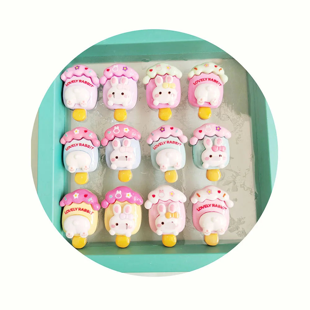 100pcs Lovely Rabbit Popsicle Cartoon Cabochons Resin Animal DIY Jewelry Phone Case Decoration