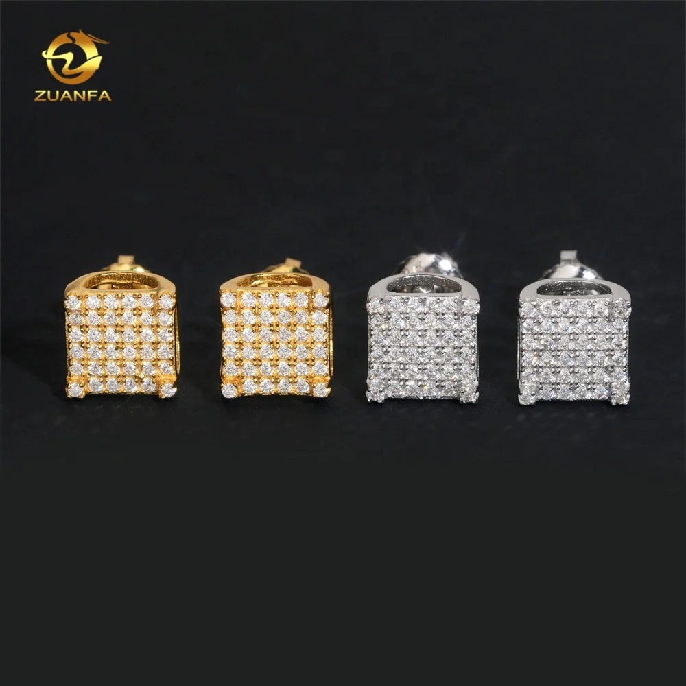 Hip Hop Square Stud 925 Sterling Silver Men Screw Back Iced Out Moissanite Earrings