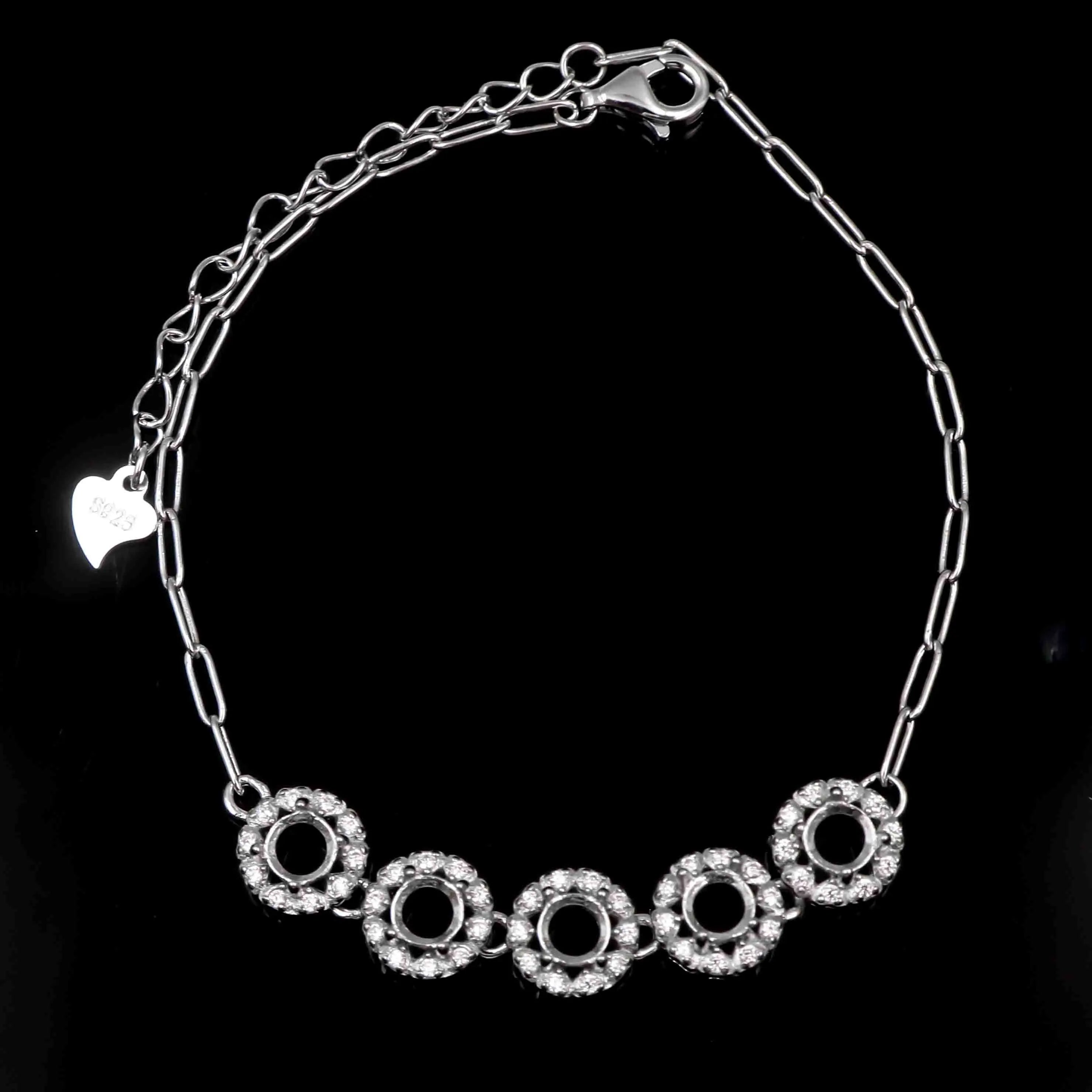 Sterling Silver 4*4mm Semi Mount Bracelet Blank Empty Frame Support Setting S925 Base Holder Without Center Stone for DIY Inlay