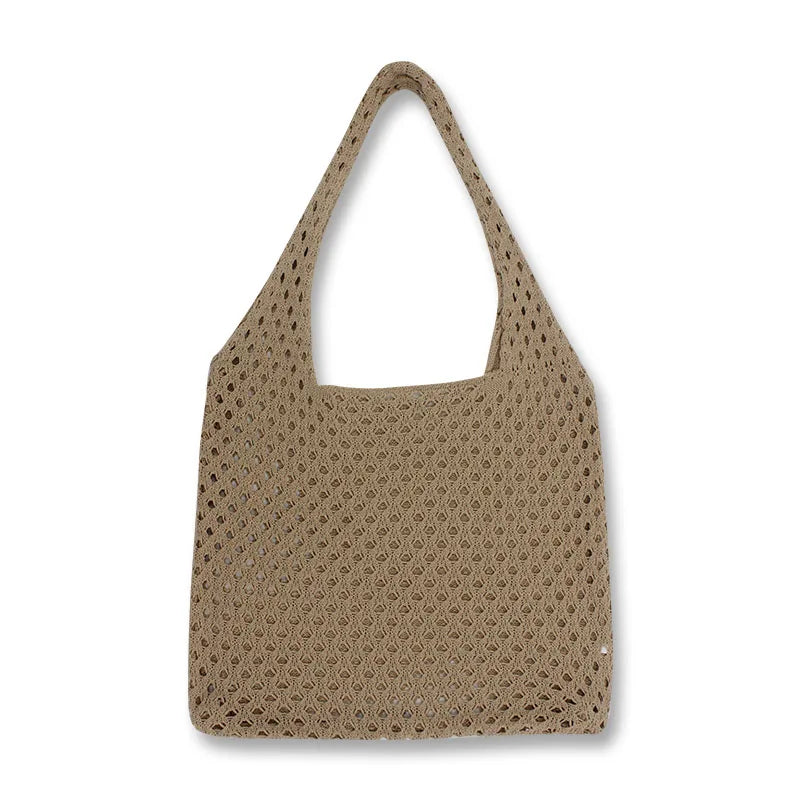 Spring Summer Fashion Vintage Bohemian Lady One-Shoulder Two Straps Open Closure Knitted Mesh Beach Bag