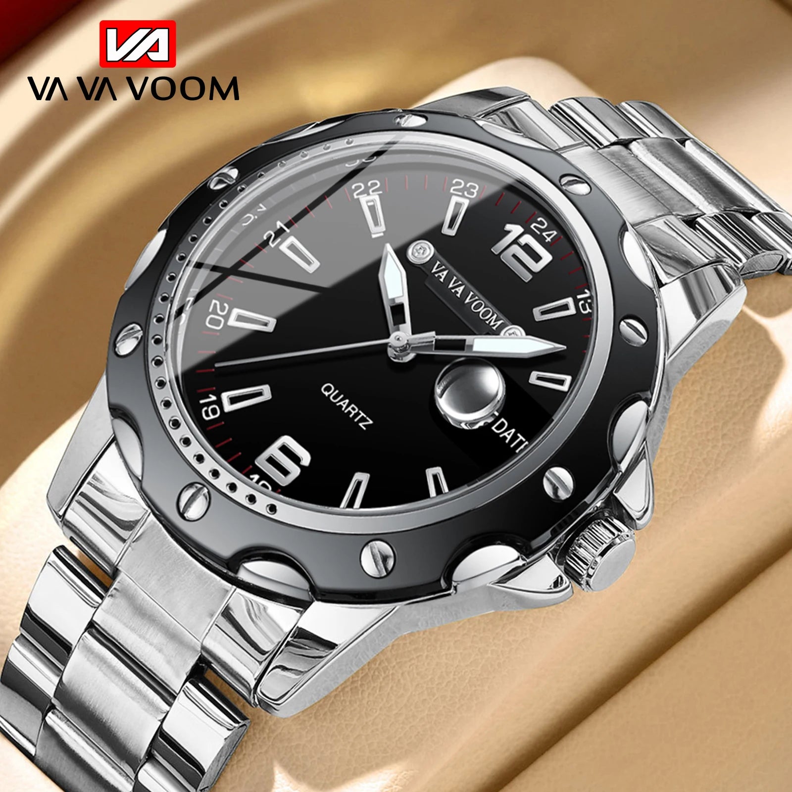VA VA VOOM Luxury Men's Quartz Hand Watch Luminous Display Waterproof Business Design High Quality Stainless Steel Strap Watch