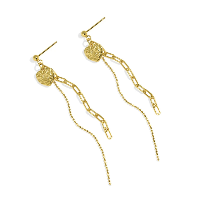Texture Love Heart Tassel Earring Link Chain Dangle Drop Tassel Stud Earring Wedding Bride Bridesmaid Birthday Gift