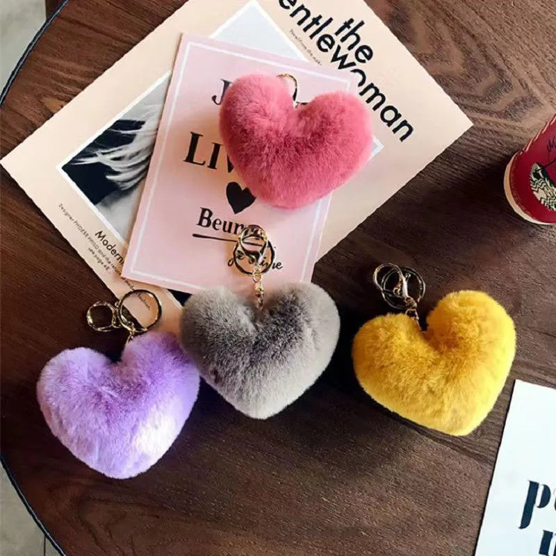 17 Colors Fluffy Heart Plush Keychain Charm with Metal Ring for Women Handbag Decoration and Fashion Accessory