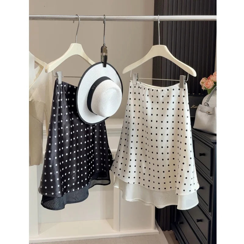 Satin Polka Dot Skirt Women Midi Summer Vintage High Waist Women's Black a Line Skirts Knee for Lady Dot Skirts