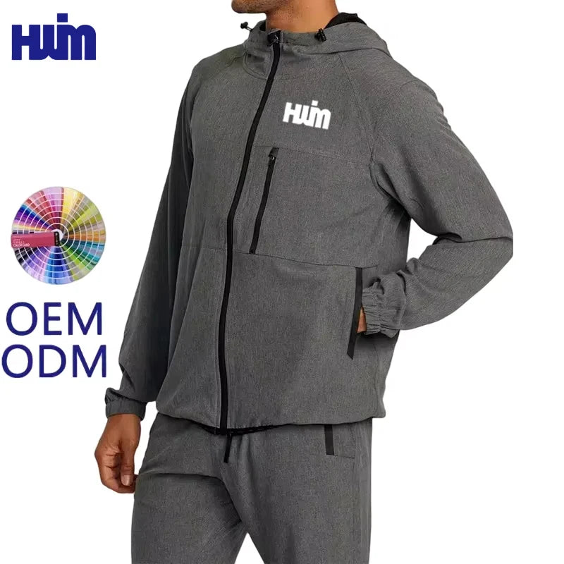 Custom Mens Outdoor Windproof Polyester Plain Gray Jackets Autumn University Sports Wear Zipper Hoodie Waterproof Jacket