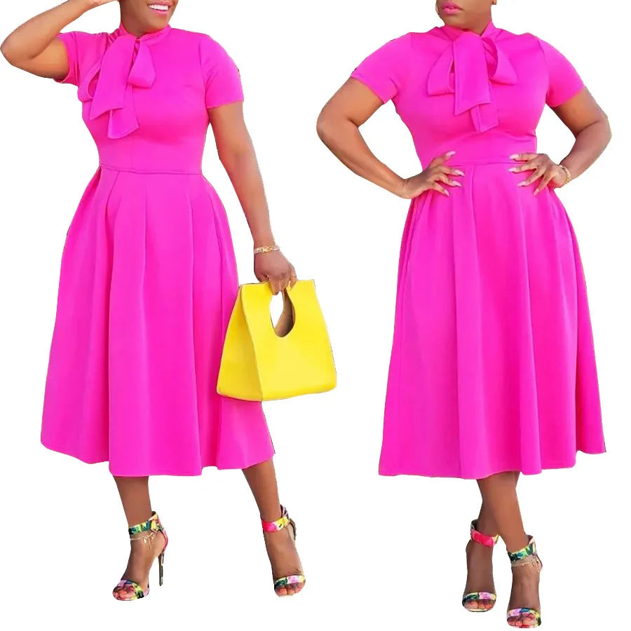 S-3XL Women Dress a Line Ruffles Elegant Office Ladies Classy Modest Work Wear Pink Navy Autumn Summer Robes Vestidos Outfits