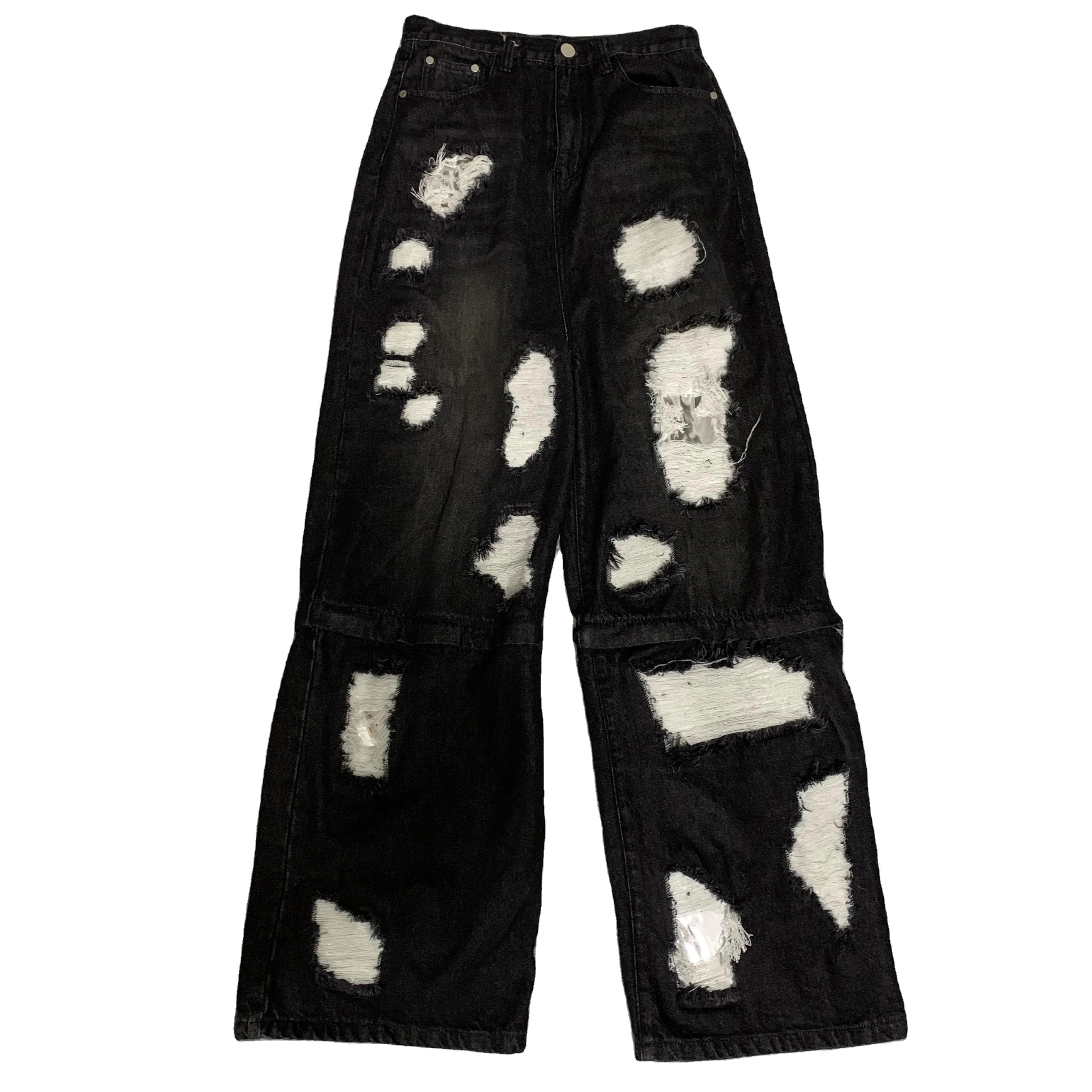 DENIMGUYS Detachable Zipper Knee Custom Men's Black Danaged Denim Pants Men Distressing Ripped Baggy Plus Size Jeans