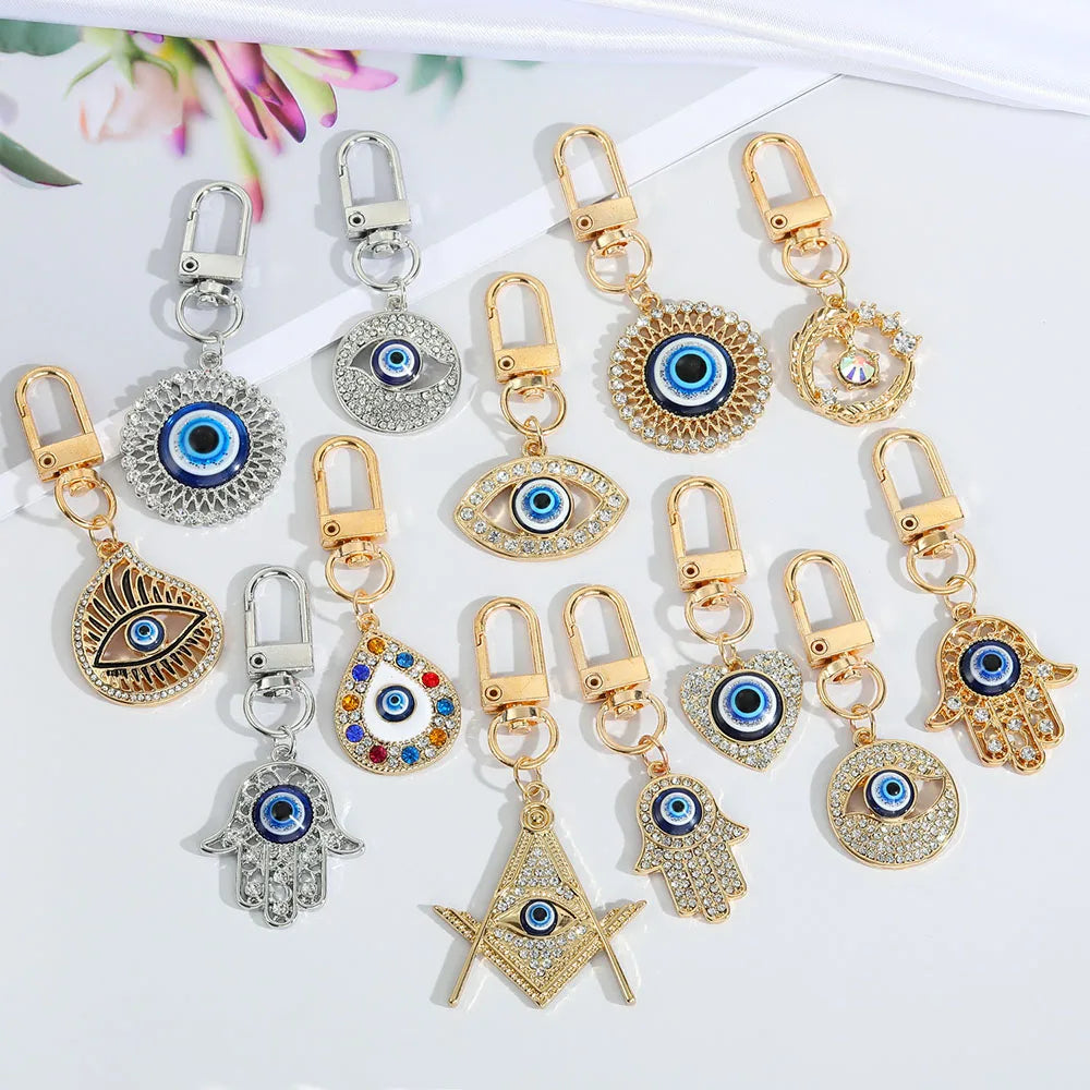 DREA Rainbow Evil Eye Hamsa Hand Keychain Key Ring for Lovers Bling Heart Blue Eye Bag Key Accessories