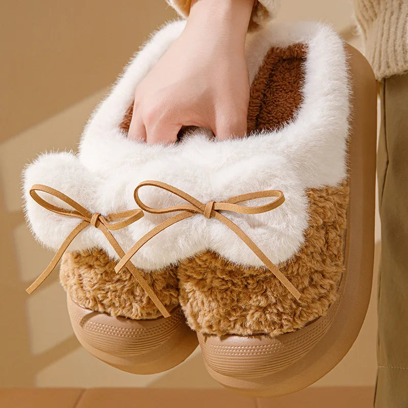 Bow Cotton Slippers for Women Autumn/Winter Indoor Home Plush Warmth Non-Slip House Slippers