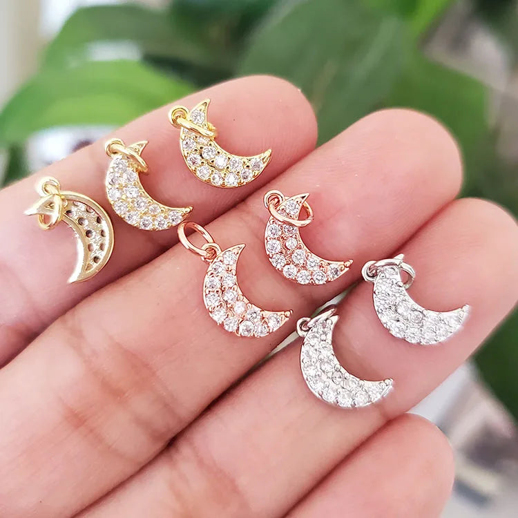 CZ8219 Dainty Love HeartJewelry Supplies Minimal Mini CZ Micro Pave Moon CharmSmall Diamond Cubic Zirconia Crescent Charms