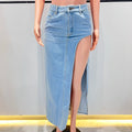 Women's Breathable Midi Skirt Light Blue Denim Side Cut Slit Long Skirt Fashion Casual Washed Style