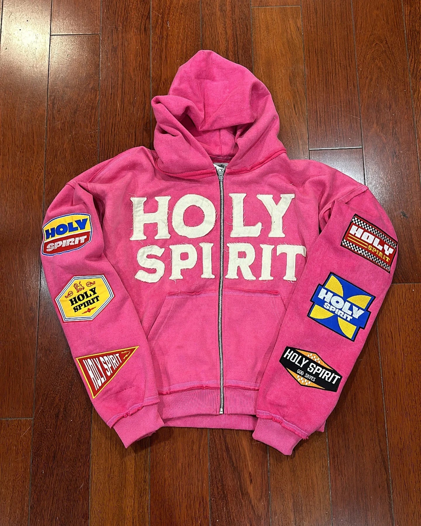 US Free Tax Sun Faded Acid Washed Full Zip up Cotton French Terry Distressed Patches Embroidery Applique Oversized Hoodie