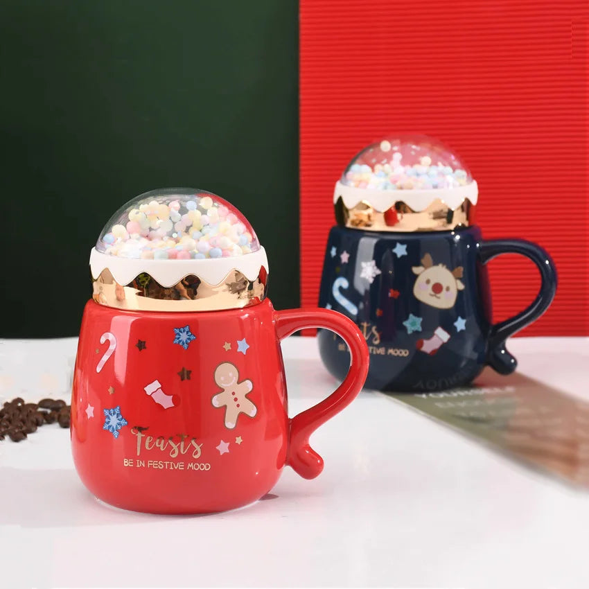New Bone China Christmas Mug Nordic Handmade Ceramic  Round Belly Mug Green Red Coffee Santa Mug with Mirror Lid