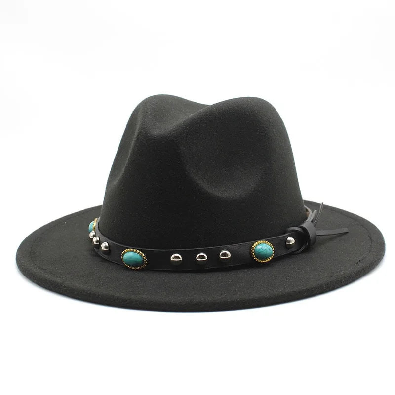 Men Hats Caps Sombreros Cheap Wholesale  Wide Brim Fedora Hats With Turquesa Belt