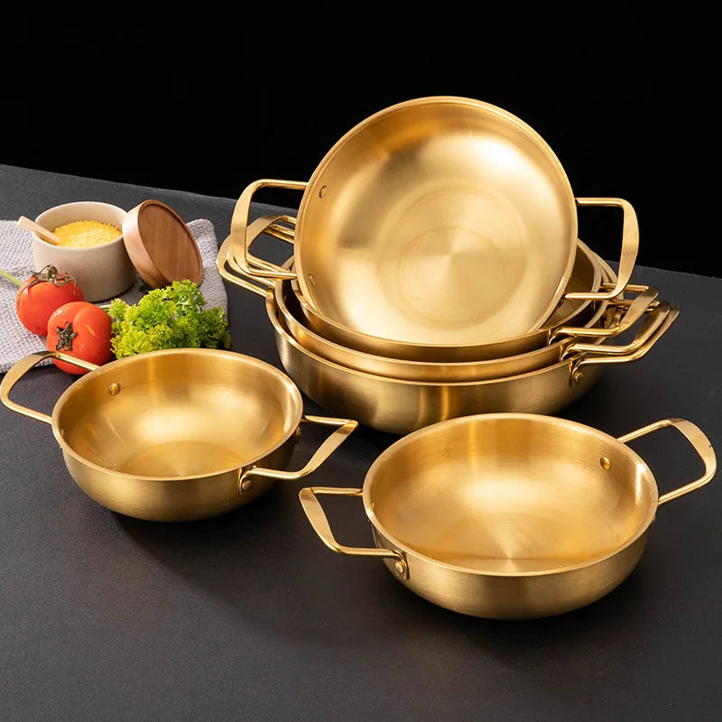 Korea Cooking Kitchen Golden Soup Cookware Induction Double Ears Flat Bottom Seafood Frying Pan Stainless Steel Paella Pans