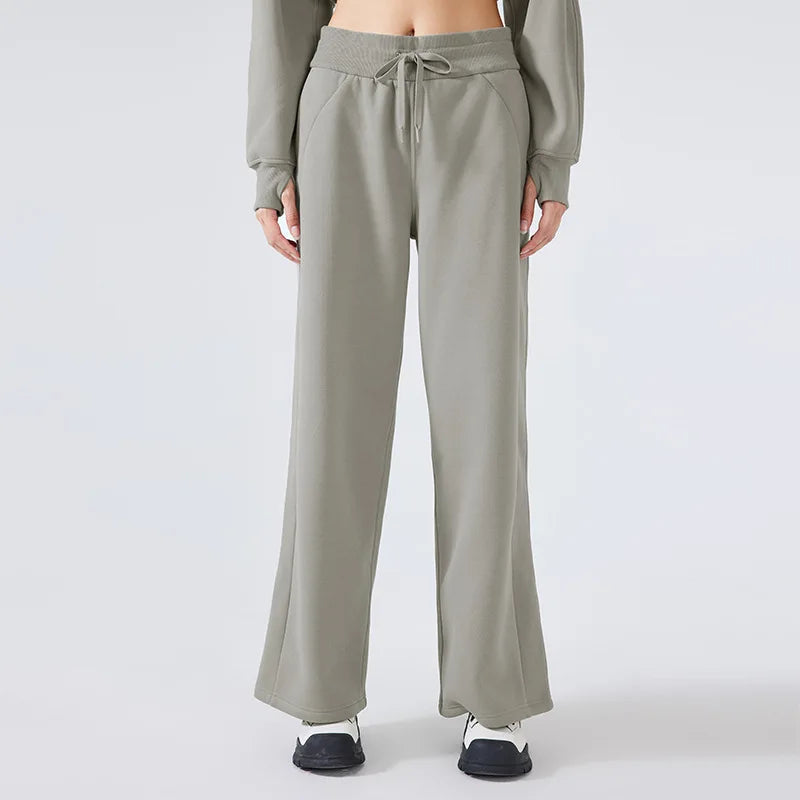 Women's Casual Winter Fleece Sweat Pants Elastic Waist High-Waisted Workout Flared Pants with Wide Legs