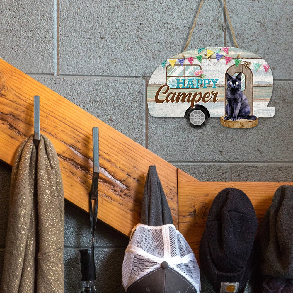 Happy Camper Caravans Shape Cute Dog Camping Decor Wooden Hanging Wall Sign Plaque
