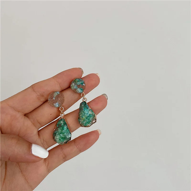 Medical Steel Needle Irregular Water Drop Earrings Retro Green Druzy Stone Earrings for Women Jewelry