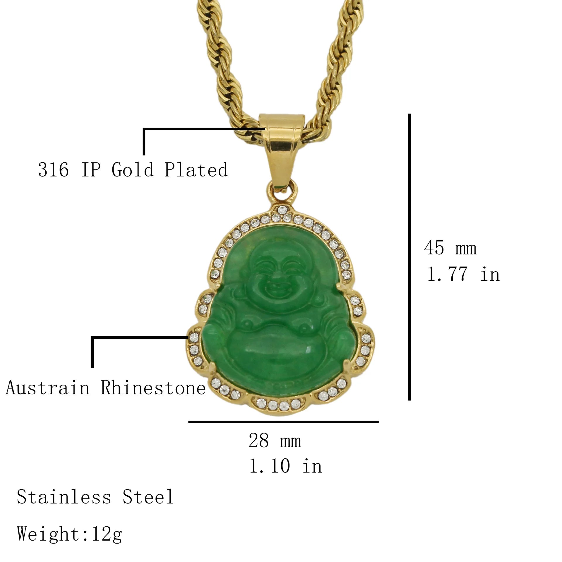 Hot Sale Silver Gold Plated Stainless Steel Natural Jade Buddha Pendant Micro Paved Burmese Buddha Necklace Pendant Jewelry