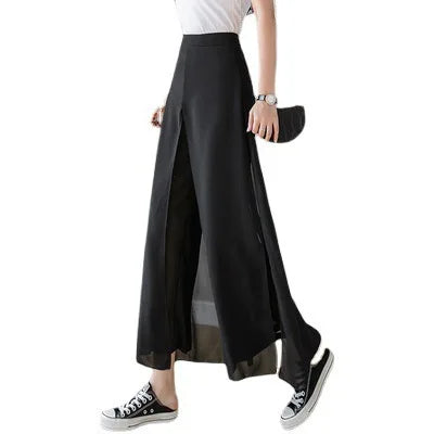 Summer False Two Black Wide Leg Pants Loose Slim Casual Women Pants