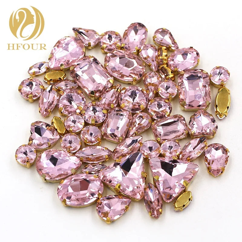 Pink Color Glass Sew on Accessories Mixed Shape Rhinestones With Golden Base