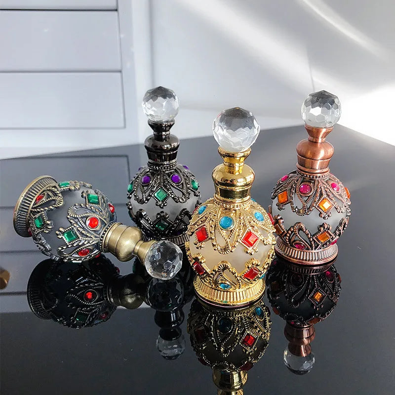 Empty 15ml Luxury Essential Oil Glass Bottle Metal case  Pocket Arabian Attar Bottle with Glass Stick