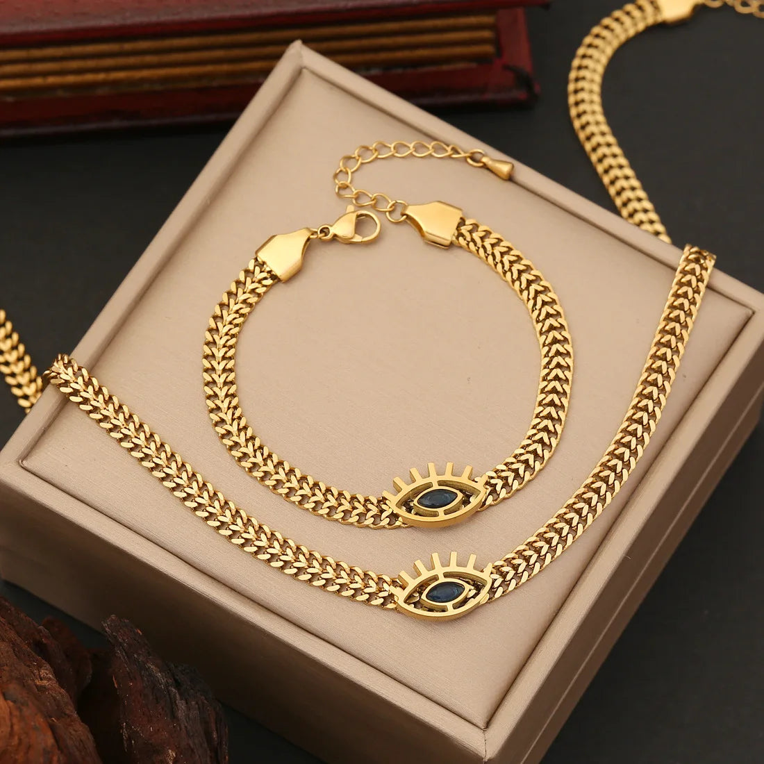 New18k Gold Plated Stainless Steel Eye Jewelry Sets Earrings and Necklace for Women