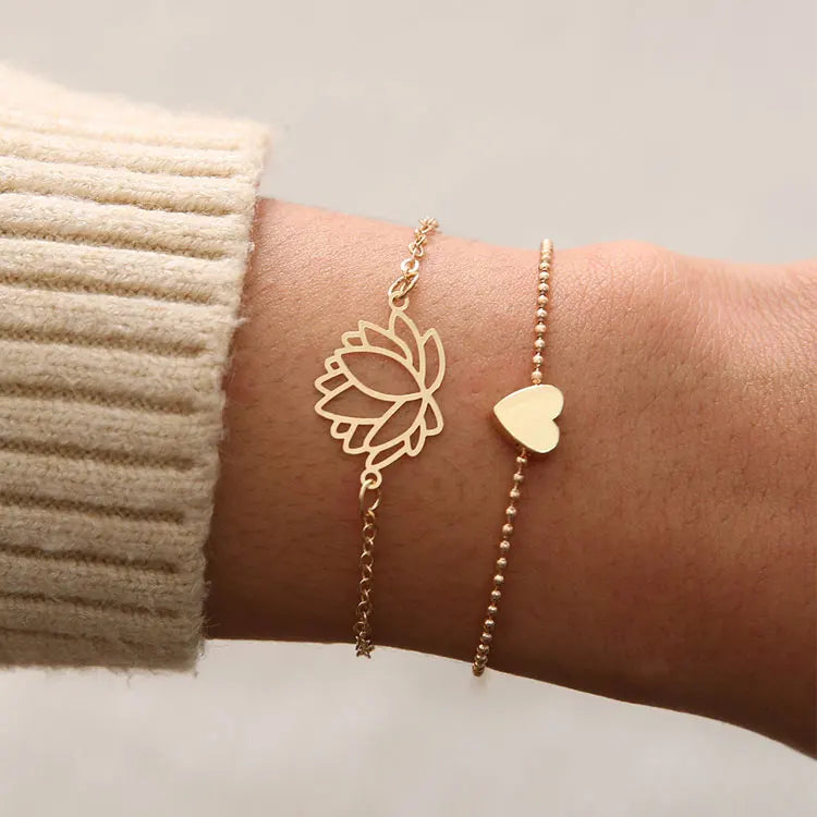 SC Wholesale Double Layer Gold Bead Bracelets Bangles Jewelry Dainty Gold Plated Heart Lotus Flower Charm Bracelet for Women