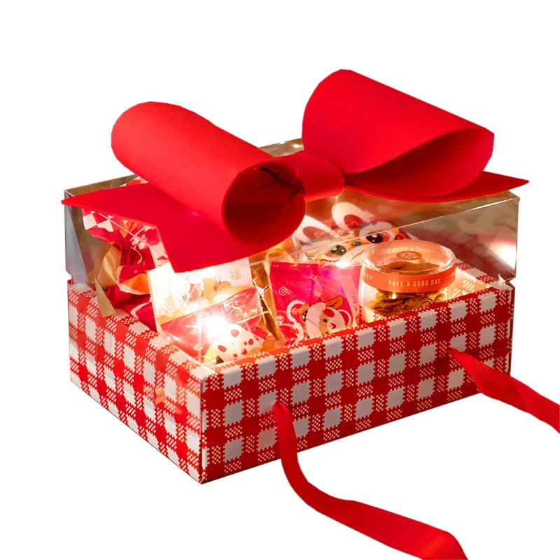 Xmas Rose Luxury Bow Drawer Elegant Ribbon Handle Gift Snack Big Red Bowknot Gift Clear Flower Cake Box for Christmas