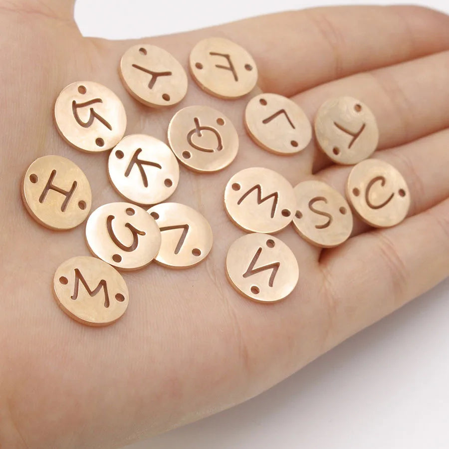 13MM Double Hole Round Hollow English Letter Pendant 18K Gold Mirror Stainless Steel DIY Accessories Pendant