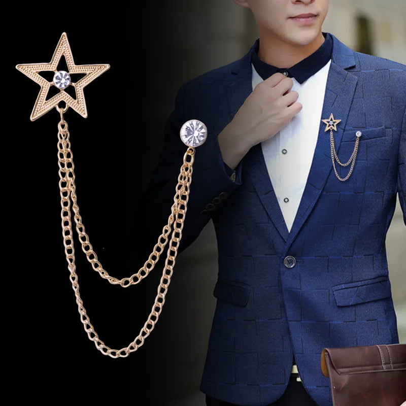 Wholesale Vintage Pentagram Brooch Pin Alloy Star Tassel Fashion Jewelry Accessory for Men for Wedding or Engagement