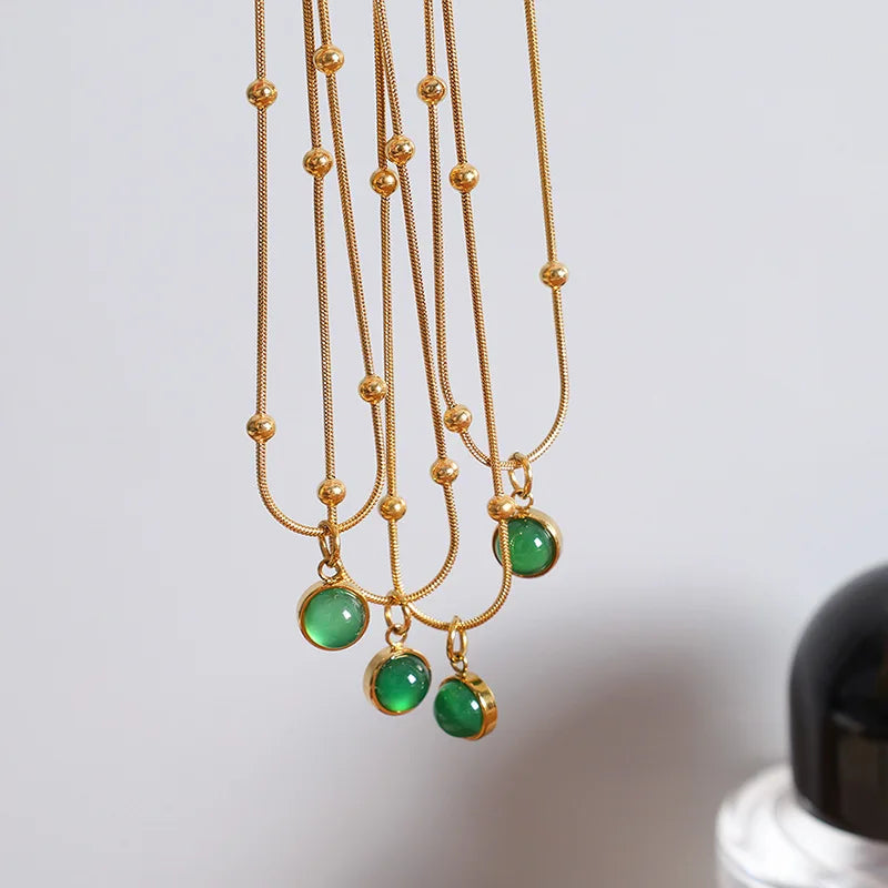Vintage Jewelry 18K Gold Plated Emerald Bead Snake Chain Necklace Women Stainless Steel Cubic Zirconia CZ Round Necklace