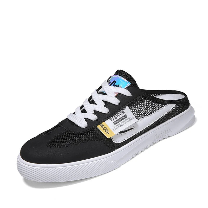A Stirrup Loafers Men's Summer New Breathable Mesh Half slippers Casual Board Shoes Comfortable Soft Bottom Shock Absorption
