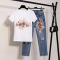 Women'S Summer Embroidery Beading Three-Dimensional Flowers Short-Sleeved T-Shirt Ripped Nine Jeans Suit