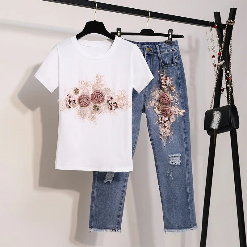 Women'S Summer Embroidery Beading Three-Dimensional Flowers Short-Sleeved T-Shirt Ripped Nine Jeans Suit