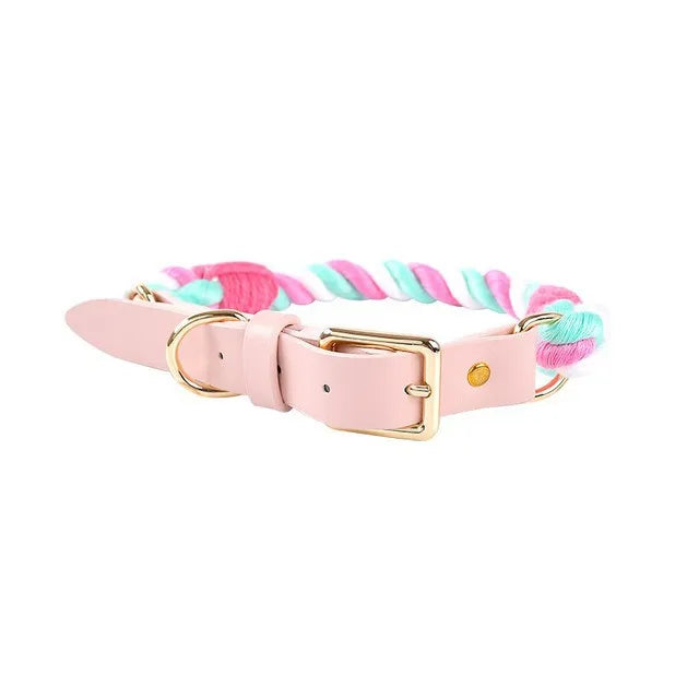 New Cotton Rope Woven Colorful Leather Dog Leash Set Pet Collar