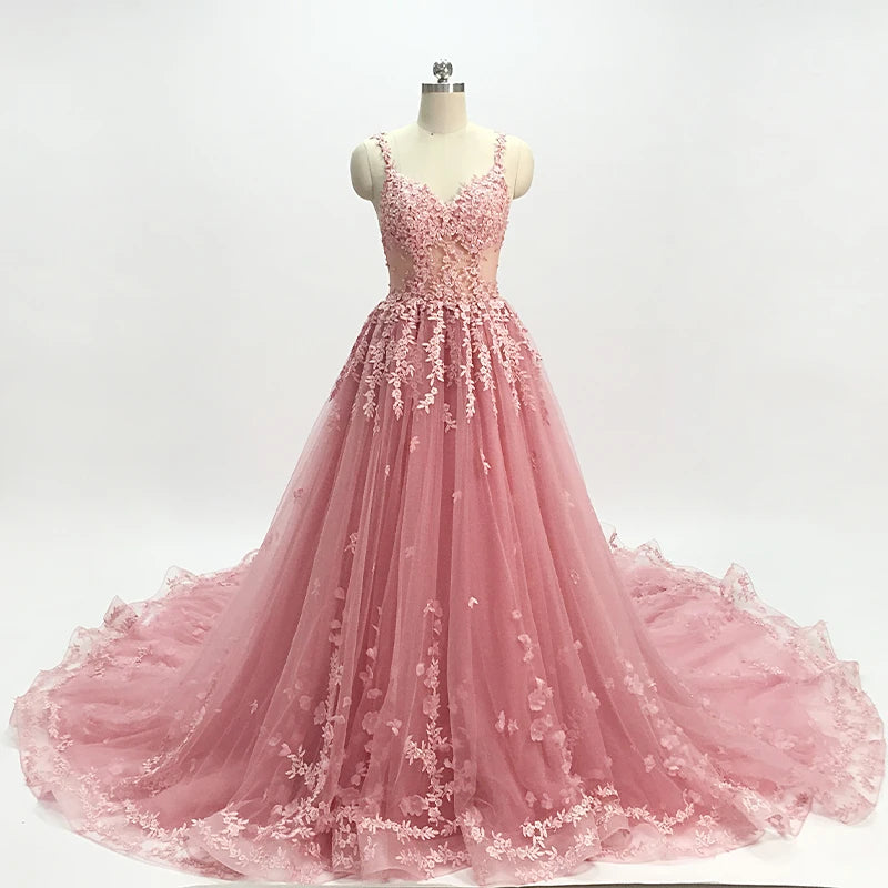 Jancember RL133 Romantic Spaghetti Strap Ball Gown Appliques With Chapel Train Wedding Dress