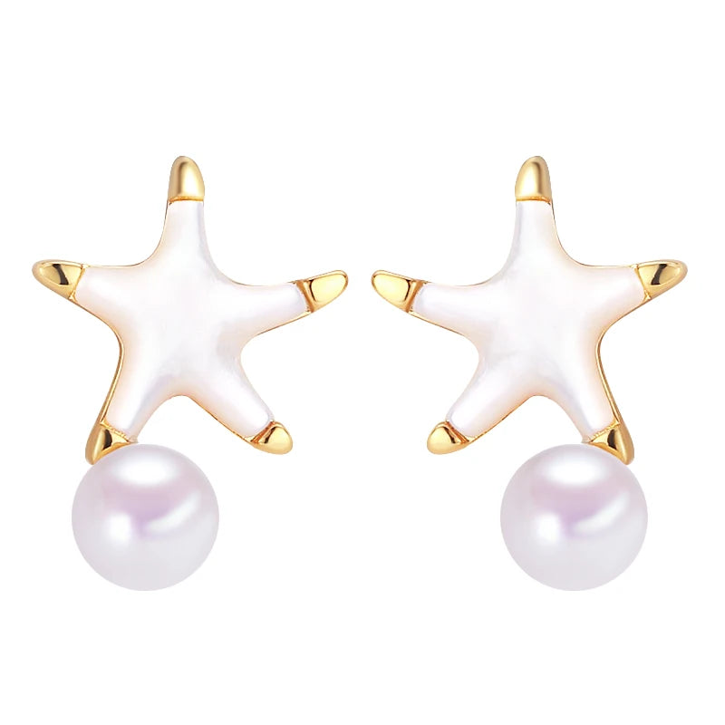 Trendy Sea Shell Starfish Pearl Jewelry Natural Freshwater Pearl Stud Earrings for Women