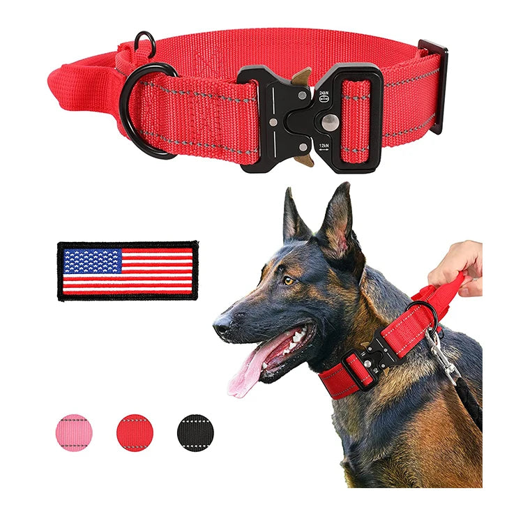 Adjustable Tactical Dog Collar with Quick Release Metal Buckle Solid Reflective Nylon with Personalized Alloy Handle