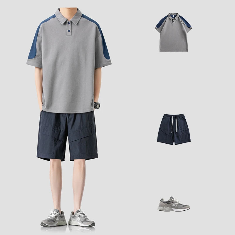 Men's Wear With Japanese Retro Stitching Contrast Lapel  Shirt Men's Wild Short-sleeved Shirt.