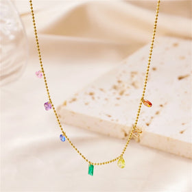 Women's PVD Gold Mini Beads Chain Necklace Stainless Steel Beaded Fresh Colorful Natural Zircon Charm Fashion Clavicle Necklace