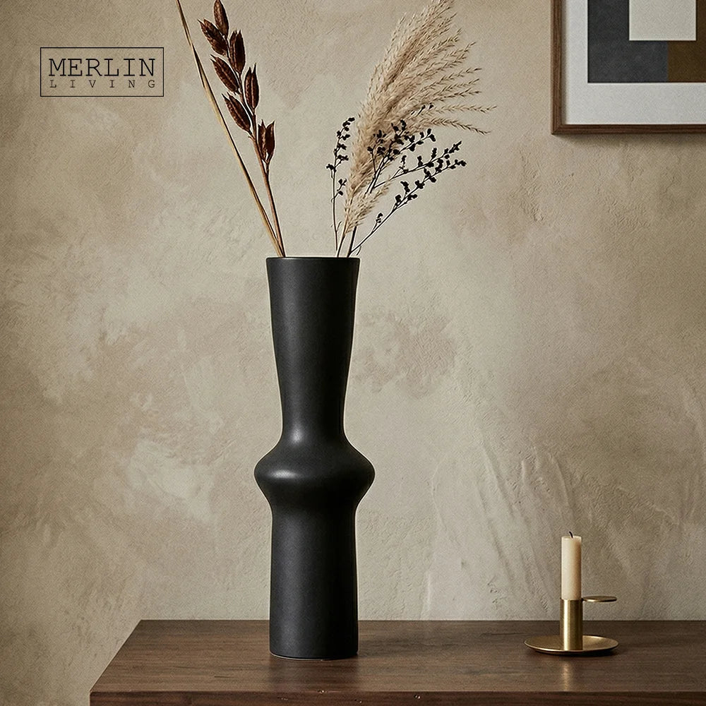 Merlin Living Modern Glaze Black Ceramic Vase Thin Tall Lighthouse Shape Unique Home Decor for Flowers Tabletop Vase