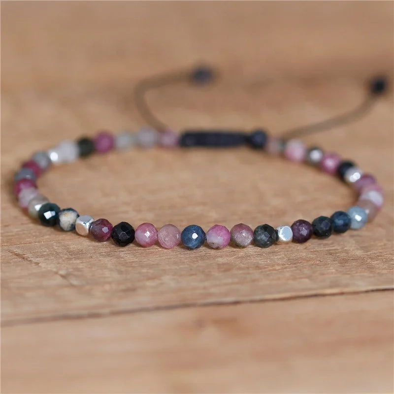 Boho Natural Stone 4mm Tourmaline Beads Tibetan Dainty Bracelet for Women Yoga Adjustable Gemstone Bracelet Jewelry Wholesale