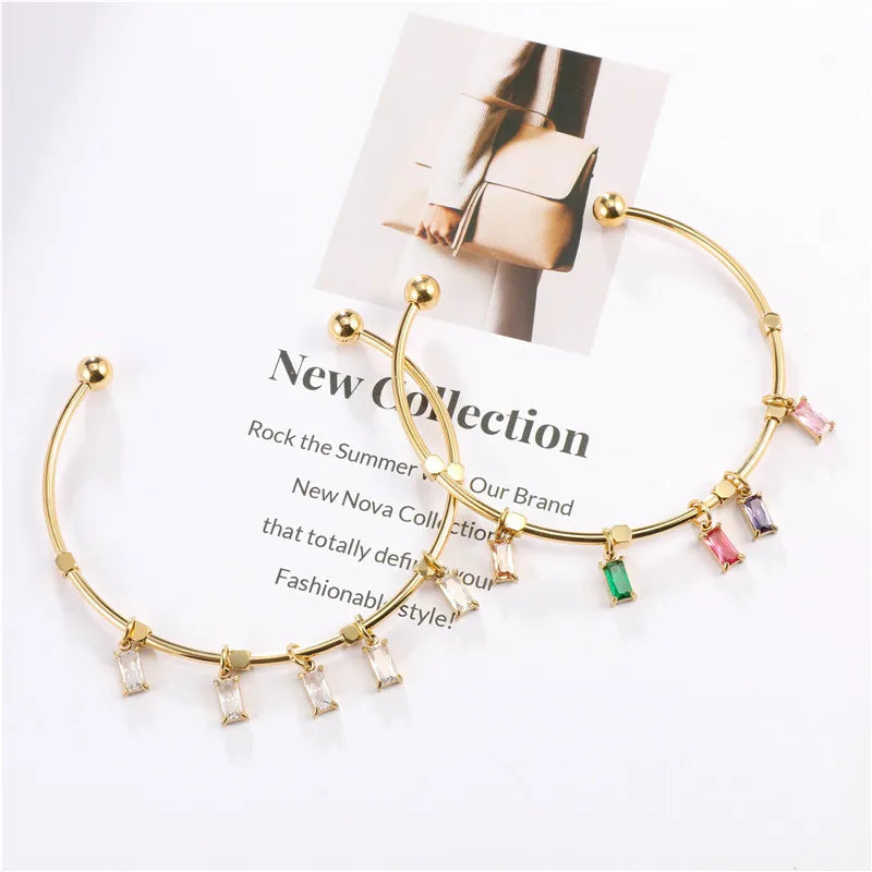 Valentine Gift Gemstone Bracelet Tarnish Free 18K Gold PVD Stainless Steel Pendant Bangle Colorful Oblong Ziron Charm Bracelet