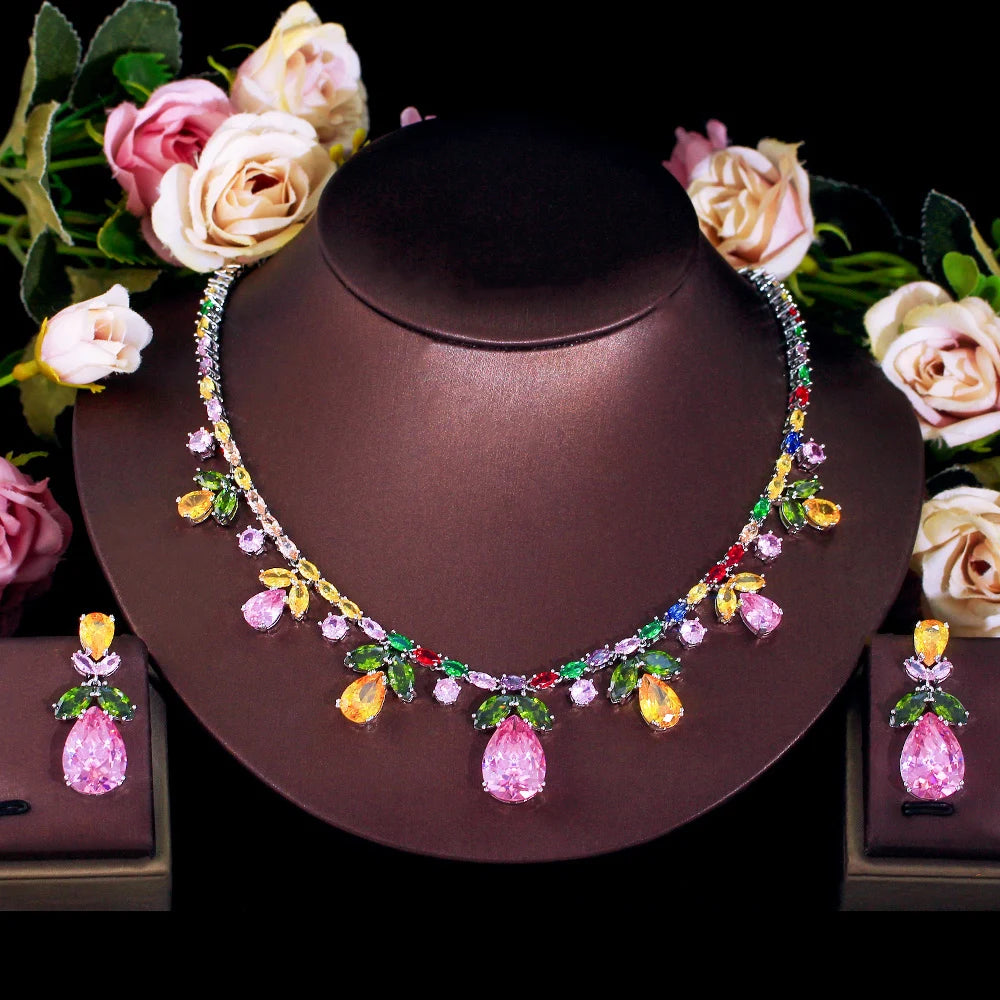 Luxury Cubic Zircon Necklace and Earrings Colorful Jewelry Set for Women Banquet Dress Accessories