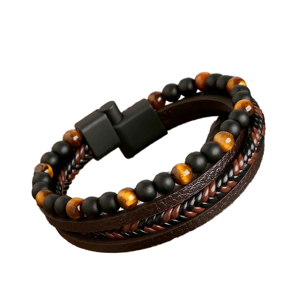 Punk Natural Lava Tiger Eye Stone Men's Bead Leather Bracelet Woven Multi-layer Genuine Leather Bracelet for Men