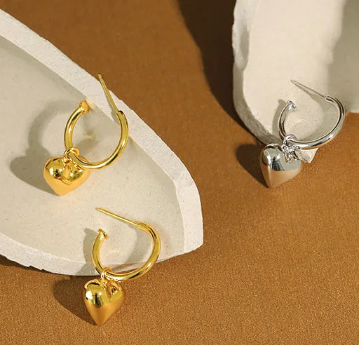 Classic Design S925 Sterling Silver Hypoallergenic 18K Gold Plated Dangle Heart Drop Earrings for Women