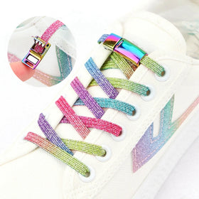 New Lazy Laces Magnetic Lock Shoelaces No Tie Elastic Sneakers with Rainbow Design Flat Polyester Material