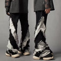 Vintage Wash Contrast Color Patchwork Casual Flare Denim Pants Hip Hop Streetwear Distressed Jeans Mens